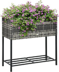 Raised Garden Bed Elevated Planter Box with Rattan Wicker Look Tool Storage Shelf Portable Design for Herbs Vegetables Flowers Gray