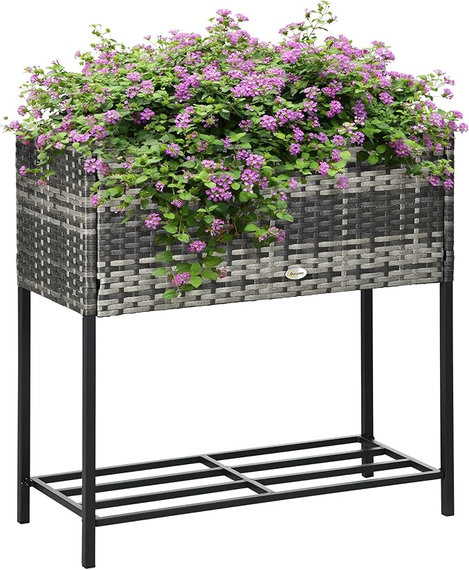 Raised Garden Bed Elevated Planter Box with Rattan Wicker Look Tool Storage Shelf Portable Design for Herbs Vegetables Flowers Gray