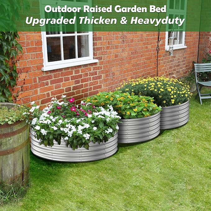 PINPON 4x4x1ft Round Galvanized Raised Garden Bed Outdoor Large Metal Planter Box for Vegetables Flower and Herb Garden Above Ground Galvanized Steel Garden Bed for Backyard Patio