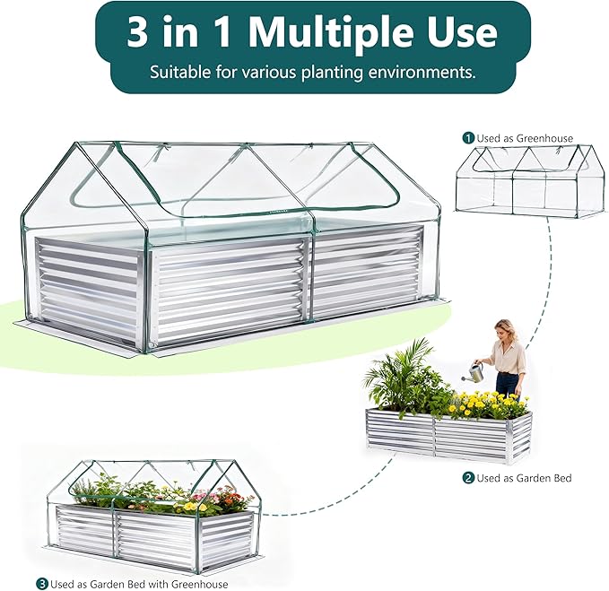 NEWBULIG 6x3x2ft Galvanized Raised Garden Bed with Greenhouse Cover Outdoor Metal Planters Box for Planting Vegetables Flowers &amp Herbs Easy Assembly Clear