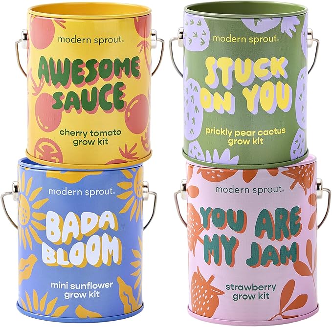 Modern Sprout Complimentary Color Grow Kits (Pack of 4) - Seed Starter Kit - Includes Organic Strawberry Tomato Sunflower &amp Cactus Seeds - Easter Basket Essentials - Gardening Gifts that Grows w/L