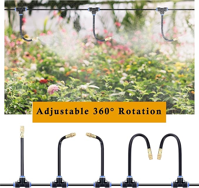 Mornajina Automatic Drip Irrigation Kits Garden Irrigation System Includes 50FT 5/16 inch Irrigation Tubing Hose &amp 15Pcs 360° Bending Dropper Atomizing Mist Nozzles Tee for Garden Watering System