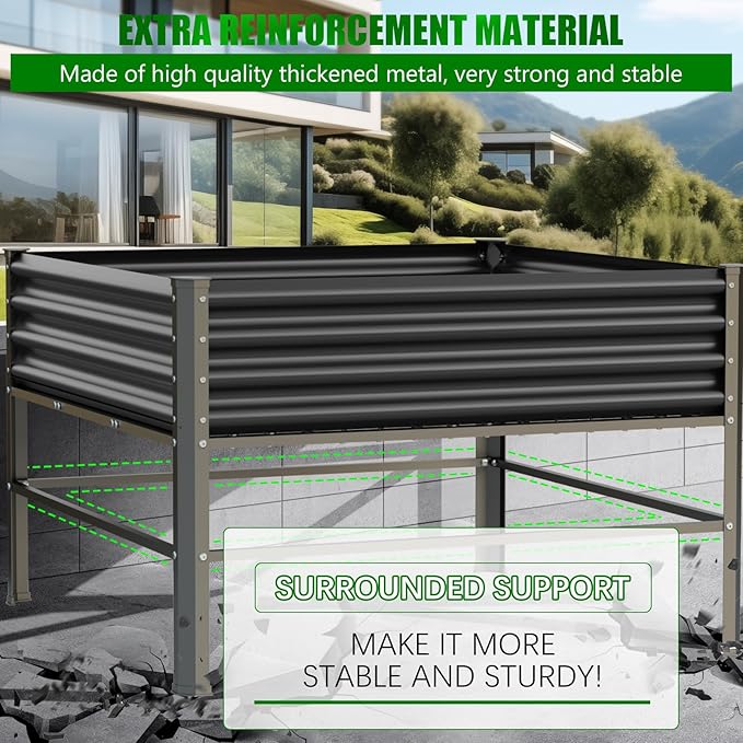 Raised Garden Bed with Legs 48×48×32in Large Metal Elevated Raised Planter Box1000lb Capacity with Drainage Holes for Vegetables Lawn Green Flowers Fruits Terrace