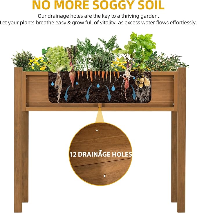 DWVO Raised Garden Bed HDPE with Legs Poly-Wood Weatherproof Elevated Planter Box Outdoor with Drainage System Patio Planters for Herbs Vegetables Flowers Plant Bed for Garden Balcony Backyard Teak