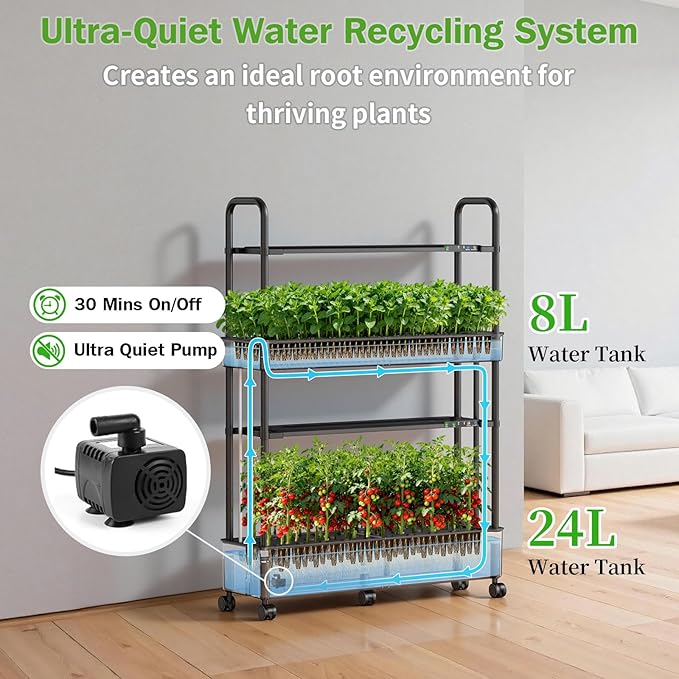 Large Hydroponics Growing System Kit 60 Pods Vertical Indoor Herb Garden Kit with 2 Light Modes &amp Auto Circulating Water System 32L Movable Indoor Gardening System for Herb Vegetable Fruit