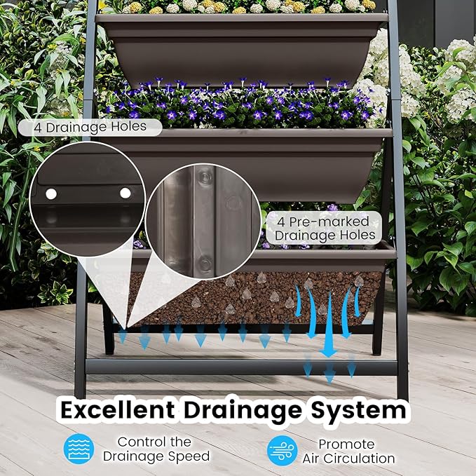 HAPPYGRILL 4-Tier Vertical Raised Garden Bed Elevated Planting Bed w/ 4 Stackable Flowerpots &amp Drainage Holes Indoor Outdoor Freestanding Planter Box w/Legs for Patio Yard (226 x 20.5'' x 49''
