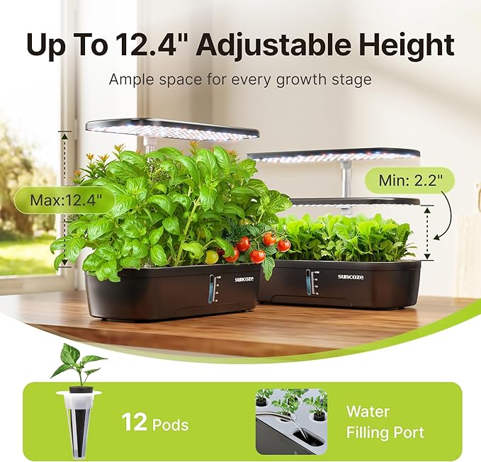 SUNCOZE Hydroponics Growing System Kit 12 Pods Indoor herb Garden with 20W LED Grow Light Visible Water Tank with Pump 2.2-12.4 Adjustable Height Indoor Gardening System Gardening Gifts Black