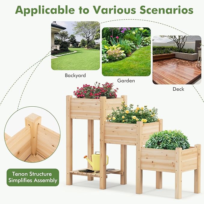 S AFSTAR 3-Tier Wooden Raised Garden Bed Elevated Garden Planter with 3 Planter Boxes Open Storage Shelf Drainage Holes Outdoor Vertical Plant Container for Vegetables Flowers Herbs Growing