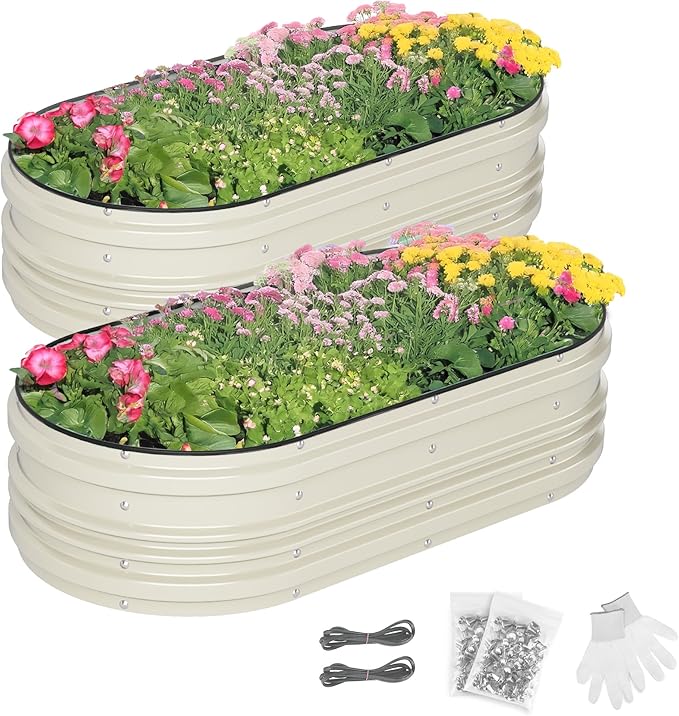 WORKPRO 2PK 4x2x1ft Outdoor Galvanized Raised Garden Bed Kit Rust &amp Corrosion Protection Easy Assembly Safe Edge Ideal for Vegetables &amp Flowers White
