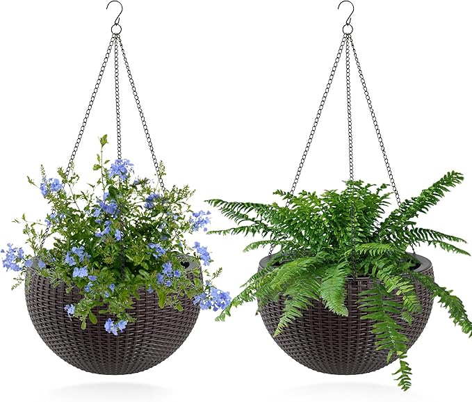 13.4 inch Self Watering Hanging Rattan Planter Large Capacity Root Rot Resistant Water Storage with Water Level Indicator Dual Use for Indoor Balcony Decoration (Pack of 2 Brown)