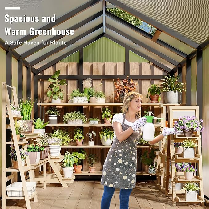 6X8 ft Greenhouse Greenhouses for Outside Aluminum Frame Polycarbonate Panels with Sliding Lockable Door and Ajustable Roof Vent Spacious Walk-in Design for Backyard Garden Patio Black