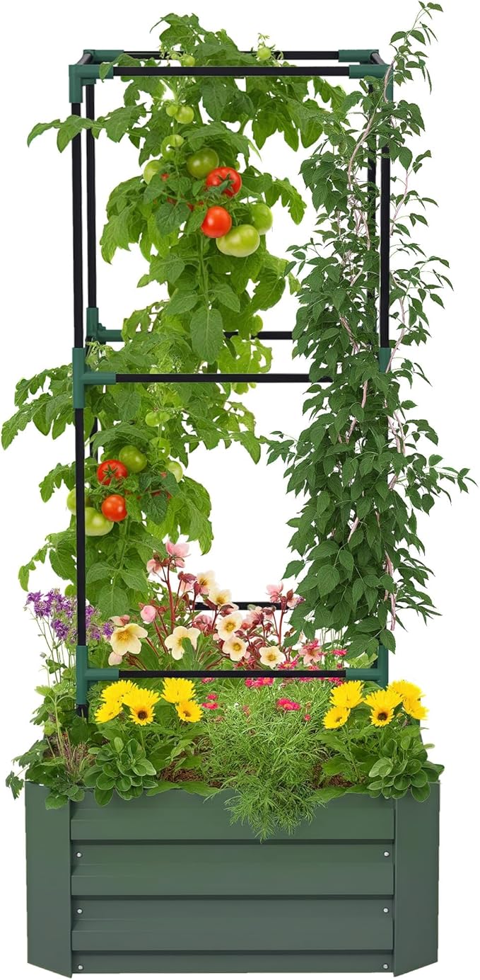 Outsunny Galvanized Raised Garden Bed 55 Tall Outdoor Planter Box with Trellis Tomato Cage and Open Bottom for Climbing Vines Vegetables Flowers in Backyard Garden Patio Green