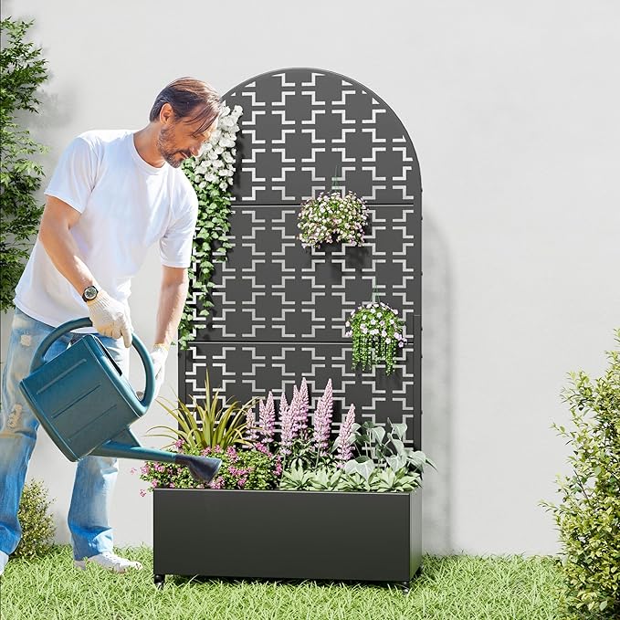 Casaphoria 72x35 Metal Raised Garden Bed with Trellis(2 Pack)Outdoor Planter Box with Wheels &amp Drainage Holes for Climbing Plants FlowersElevated Garden Kit Black-Square-Arched