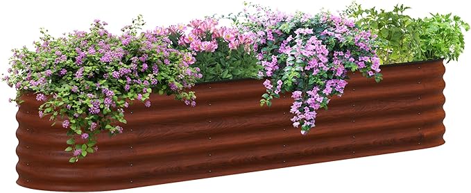 8' x 2' x 1.4' Galvanized Raised Garden Bed Kit Outdoor Metal Elevated Planter Box with Safety Edging Easy DIY Stock Tank for Growing Flowers Herbs Vegetables Brown