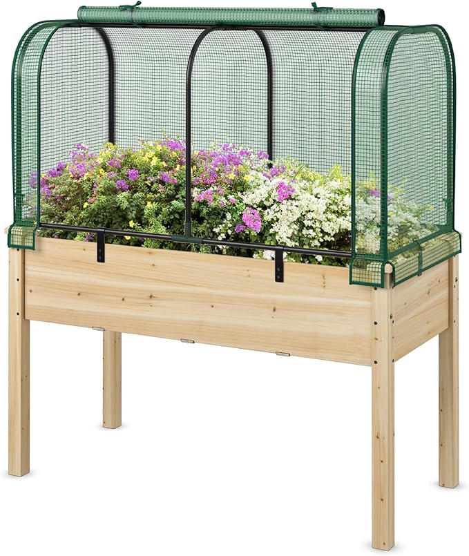 Happygrill Raised Garden Bed with Greenhouse Cover Raised Bed with Legs &amp Drainage Holes for Herbs Vegetables Outdoor Wood Elevated Planter Box for Patio Backyard Balcony (Green+Natural)
