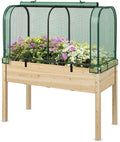 Happygrill Raised Garden Bed with Greenhouse Cover Raised Bed with Legs &amp Drainage Holes for Herbs Vegetables Outdoor Wood Elevated Planter Box for Patio Backyard Balcony (Green+Natural)