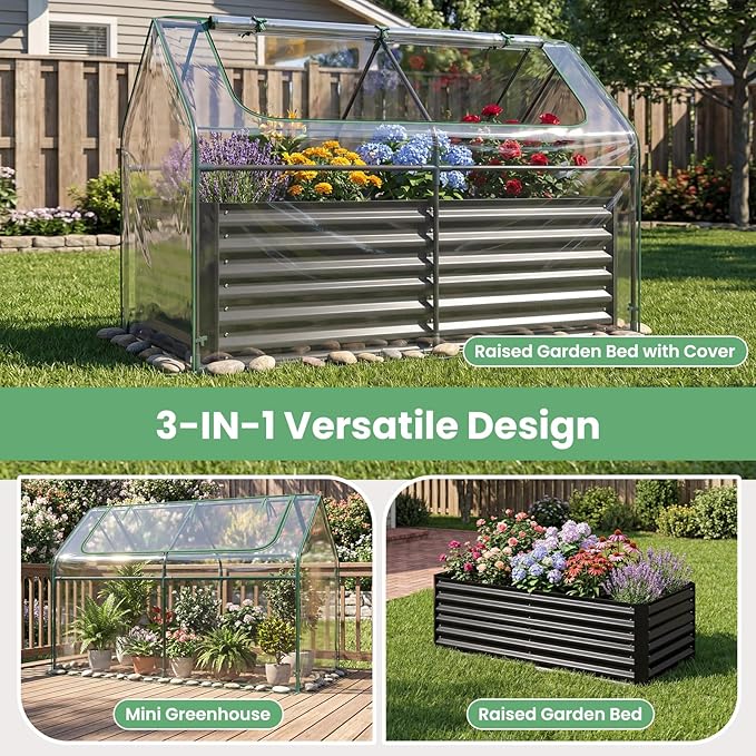 HAPPYGRILL Raised Garden Bed with Cover Planter Boxes Outdoor w/Mini Greenhouse 2 Roll-up Windows &amp Open-Ended Base Metal Growing Raised Bed for Vegetables (Black 71” x 36” x 48”)