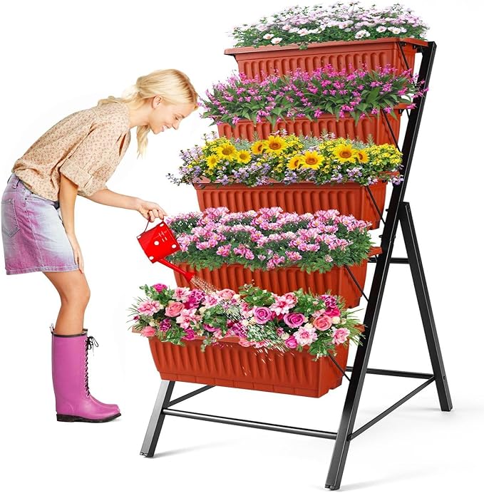 Homdox 3.74FT Vertical Garden Bed 5 Tiers Raised Garden Planter 23 * 26 * 45Inch Outdoor Stand with 4 Hooks for Vegetable Flower Patio Yard Brown