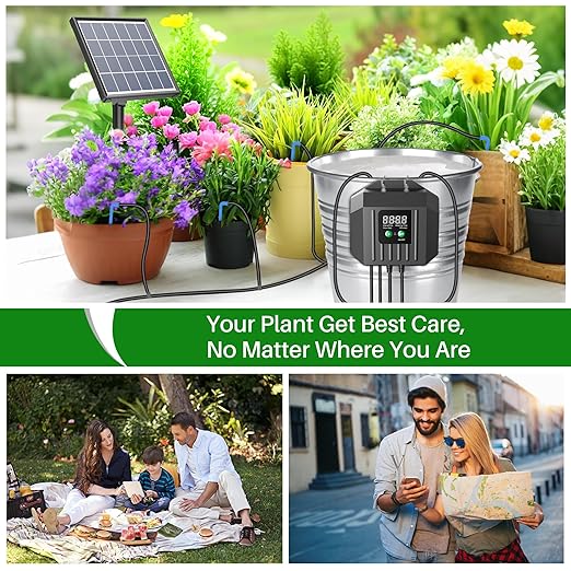 Biling 3W Solar Drip Irrigation System Digital Programmable Smart Watering Kit with 2200mAh Battery for 15 Potted Plants Indoor/Outdoor Use