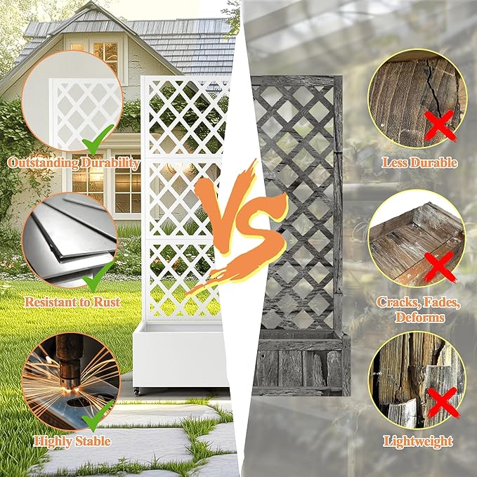 Metal Raised Garden Bed with Diamond Lattice Trellis Outdoor Planter Box for Climbing Plants Vegetables Vines Galvanized Garden Box with Drainage Holes and Wheels White (35.4L x 16.7W x 73.2H)