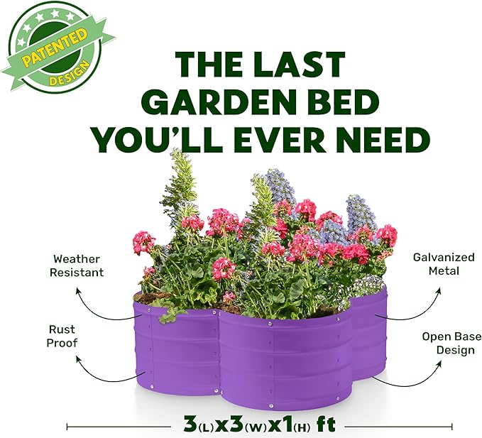 Plant &amp Plot Galvanized Raised Garden Beds Outdoor // 3×3×1 ft Planter Raised Beds for Gardening Vegetables Flowers // Large Metal Garden Box (Purple) // Patented Tool-Free Design