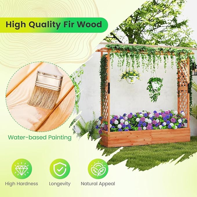 BECOMFORT Raised Garden Bed with Trellis &amp Hanging Roof 72 Tall Fir Wood Planter Box with Drainage Holes Outdoor Elevated Garden Planter for Climbing Vines (Orange 77 Lx17 Wx72 H)