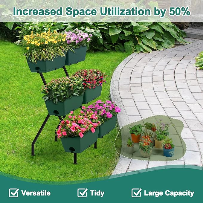 2 Column Vertical Raised Garden Beds 6 Planter Boxes Standing Garden Bed Outdoor/Indoor Herb Garden Tiered Planter with Drainage Holes &amp Removable Trays for Flowers/Vegetables/Plants (Green)