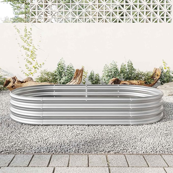 Raised Garden Beds Outdoor Oval Large Galvanized Metal Planter Box with Kit Above Ground Garden Bed for Vegetables Fruits and Flowers (Silver 6×3×1)