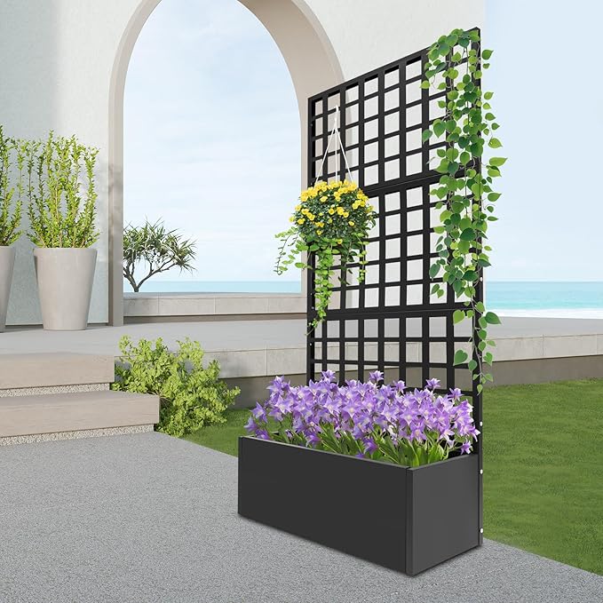 Metal Planter with Trellis Planter Box with with Privacy Screen Outdoor Raised Garden Bed for Climbing Plants Vegetable Vines (Black)