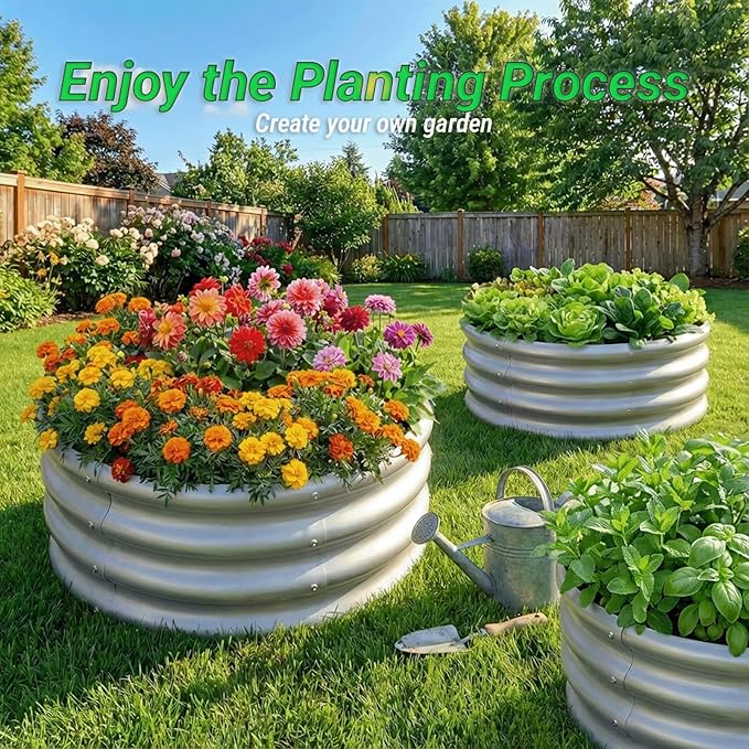2x2x1 FT Round Galvanized Raised Garden Bed Kit OutdoorGarden Bed for Vegetables Fruits Flowers(Silver3PCS)