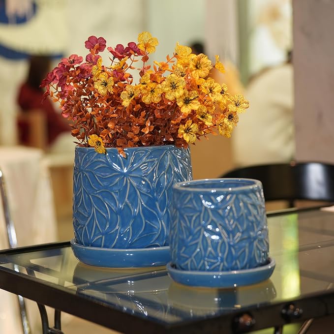 Handmade Ceramic Planter Set of 2 6 8 Diameter Deep Blue with Leaf Pattern for Succulents Herbs IndoorOutdoor Shelf Table Use Breathable Clay with Saucers