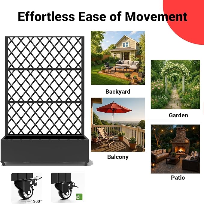 Outdoor Metal Privacy Screen with Trellis &amp Planter Box – 72 x 47 3-Panel Raised Garden Bed on Wheels with Drainage Patio Divider for Climbing Plants &amp Vegetables Black Wheeled - Diagonal