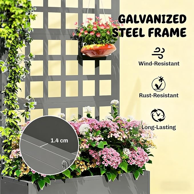 Galvanized Steel Raised Garden Bed with Trellis - Heavy-Duty Metal Planter Box for Vegetables &amp Climbing Plants Weather-Resistant Outdoor Vertical Garden Kit (Gray)