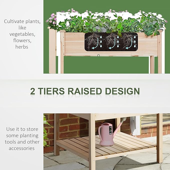 36'' x 36'' Raised Garden Bed with Storage Shelf 2 Tiers Elevated Wooden Planter Box Stand for Vegetable Flower Herb Patio Balcony and Backyard