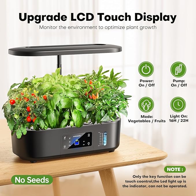 Ahopegarden Hydroponics Growing System Kit Indoor Herb Garden with Grow Light 12 Pods with LCD Touch Panel Hydroponic Planter Planting Height Up to 17 Grower Harvest Fresh Veggie Lettuce Black