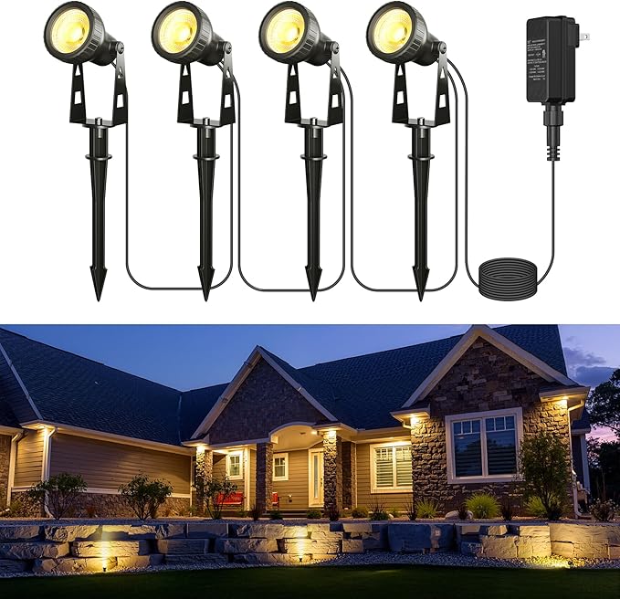 Outdoor Landscape Lighting 4-Pack Outdoor Spot Lights with Transformer Plug in LED Spot Lights for Garden Yard Backyard Plants Lawn Trees House Flags IP65 Waterproof – Warm White