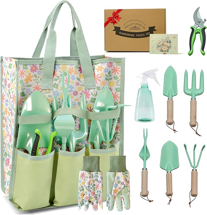 Gardening Tools 9-Piece Heavy Duty Gardening Hand Tools Set (Green) Stainless Steels and Reinforced Garden Supplies Kit Durable Garden Tools Organizer Handbag Ideal Garden Gifts for Women
