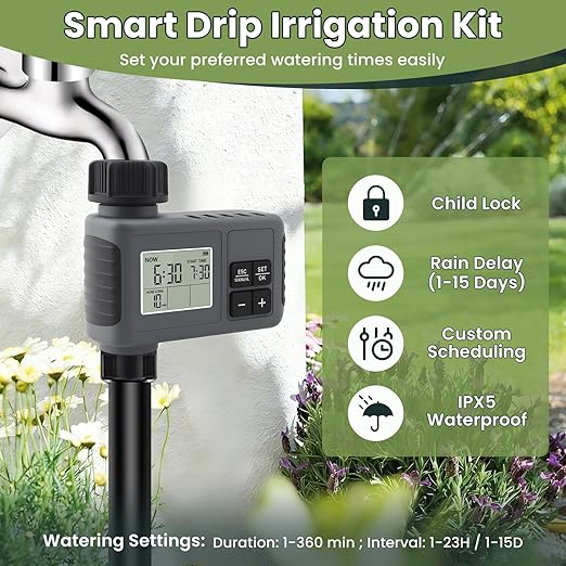 100FT Automatic Drip Irrigation Kits with Water Timer - Garden Watering System with 360° Bendable Spray Adjustable Copper Atomizing Nozzles for Yard Lawn Raised Bed Greenhouse Potted Plants