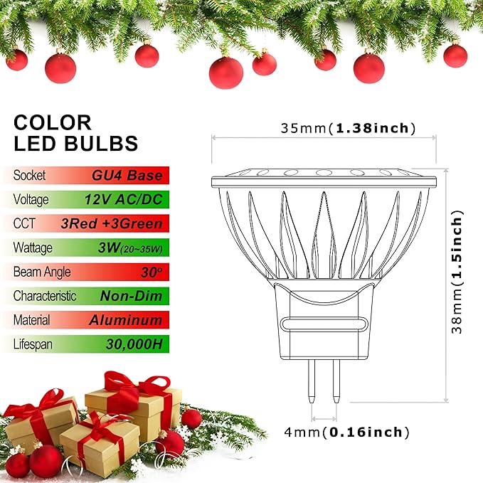 ALIDE Red Green MR11 GU4 Led BulbsReplace 10W 20W 35W Halogen12V 3W Red Green MR11 for Christmas Holiday Decoration Outdoor Landscape Lighting30 Deg6 Pack Mix