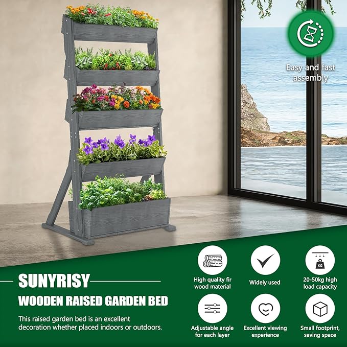 SUNYRISY 5 Tiers Vertical Raised Garden Bed Outdoor Planter Tower Wooden Freestanding Planter Box for Planting Herbs Flowers Vegetables Backyard Patio Balcony Indoor Outdoor Gardening Grey
