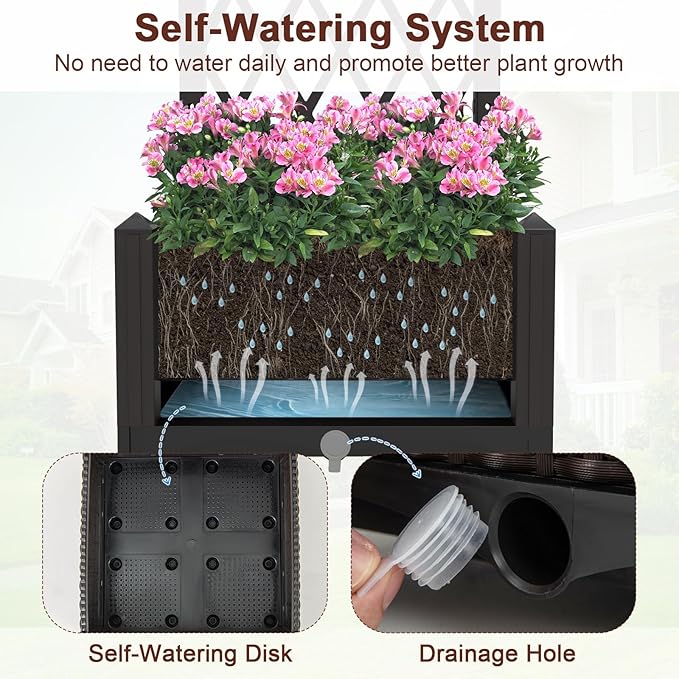 LDAILY Moccha Raised Garden Bed with Trellis - Planter with Trellis Self-Watering Device Drainage Hole Standing Garden Bed for Climbing Plant Vegetable Herb Flower (16”L x 16”W x 48”H)