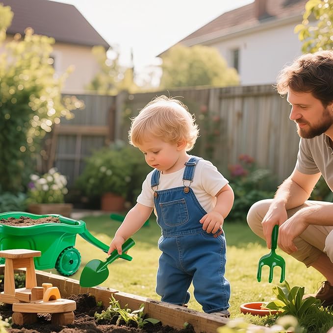 Duckura Kids Wheelbarrow Set - Gardening Tools for Kids with Shovel Rake Trowel Outdoor Yard Lawn Digging Weed Toys Easter Birthday Gifts for Boys Girls Age 2 3+Years Old(Green A)