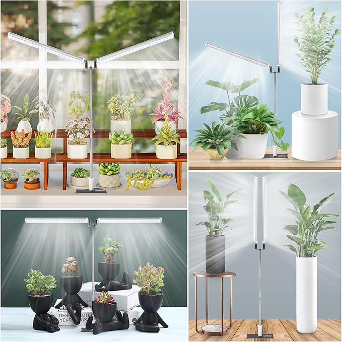 JCBritw Standing LED Grow LightAdjustable Dual Head T12 Bar Plant Light White 6500K Full Spectrum Plant Grow Lamp on Stand for Indoor Plants Seed Starting Seedlings Veg Flower