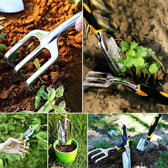 DINGFAN 5 Pcs Gardening Tools SetGarden Hand Tools Set Including Gloves Pruner Rake Transplant Trowel and Trowel for Gardener Garden Tools Kit