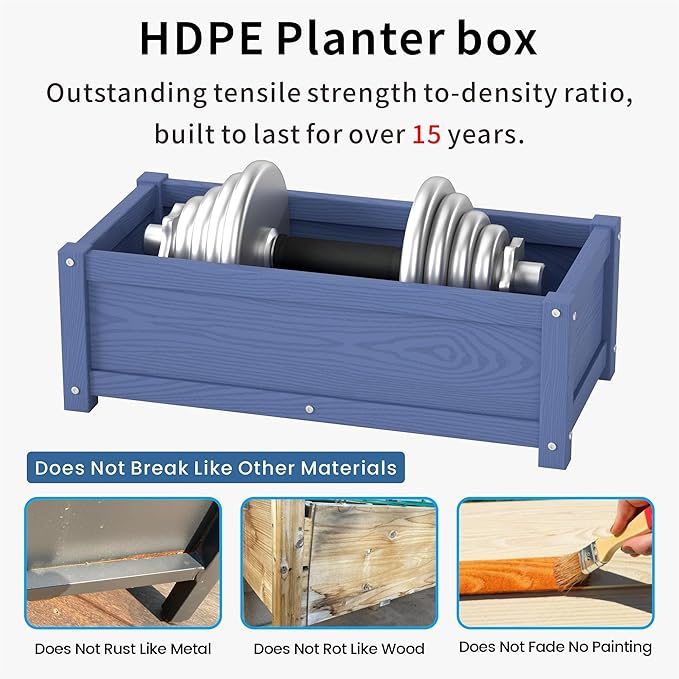 HDPE Planter Box All-Weather Outdoor Garden Bed Easy to Assemble Drainage System Low Maintenance Non-Fading for Flower/Herb/Seed (Navy)