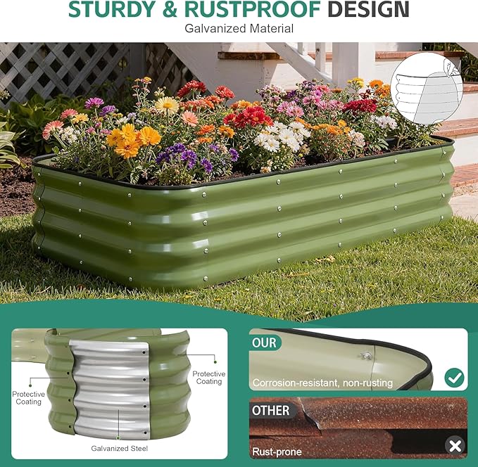 4 in 1Galvanized Raised Garden Bed - 5x3x1ft Modular Garden Planter Bed Outdoor | Steel Raised Bed Kit with Bracing Rods Gloves for Gardening Vegetables Fruits and Flowers (Green)