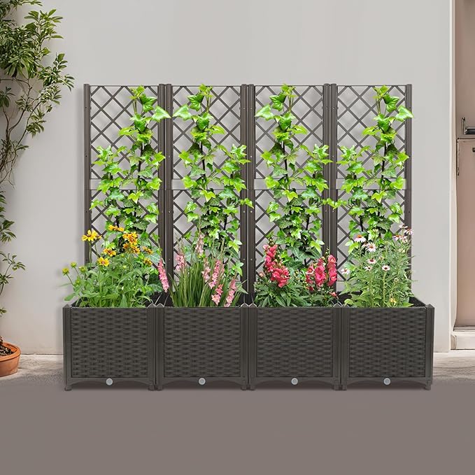 4PCS Garden Planter with Trellis Plastic Plant Box with Drain Holes Standing Raised Bed for Balcony Terrace Backyard Patio Climbing Plant Vegetable Herb Flower (4PCS Brown)