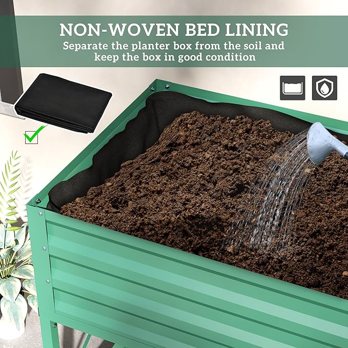 Outsunny Raised Garden Bed with Galvanized Steel Frame Storage Shelf and Bed Liner Elevated Planter Box with Legs for Vegetables Flowers Herbs Green