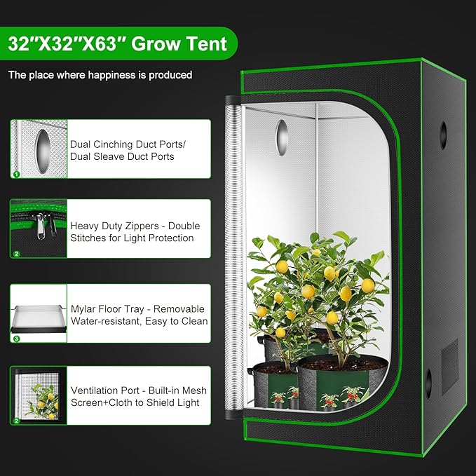 MELONFARM 32x32x63'' Grow Tent High Reflective 600D Diamond Mylar Canvas with Observation Window and Floor Tray for Hydroponic Indoor Plant Growing