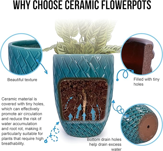 Handmade Teal Cyan Ceramic Flower Pot 16.54 W x 21.26 H Large Planter for Indoor Outdoor Potted Plants Flowers by Front Door Breathable Clay with Drainage
